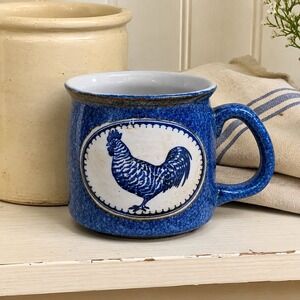 Vintage Blue Spongeware Rooster Coffee Mug Stoneware Farmhouse Country Tea Cup